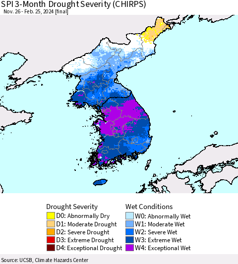 Korea SPI 3-Month Drought Severity (CHIRPS) Thematic Map For 11/26/2023 - 2/25/2024