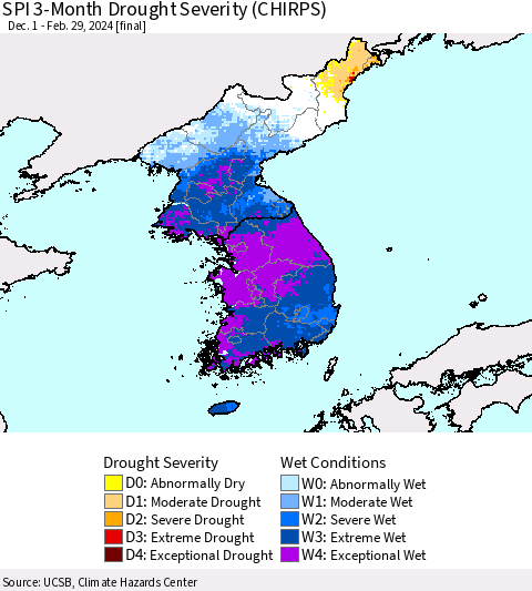 Korea SPI 3-Month Drought Severity (CHIRPS) Thematic Map For 12/1/2023 - 2/29/2024