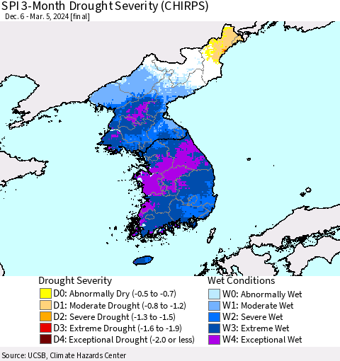 Korea SPI 3-Month Drought Severity (CHIRPS) Thematic Map For 12/6/2023 - 3/5/2024