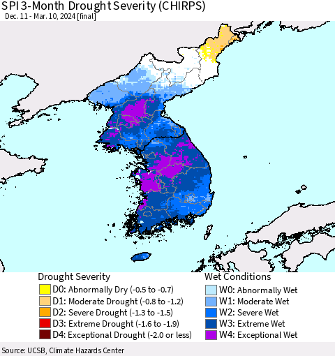 Korea SPI 3-Month Drought Severity (CHIRPS) Thematic Map For 12/11/2023 - 3/10/2024
