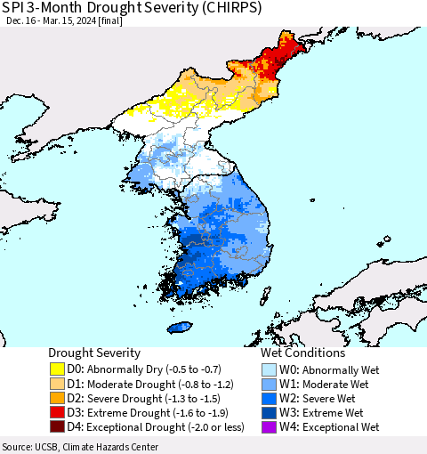 Korea SPI 3-Month Drought Severity (CHIRPS) Thematic Map For 12/16/2023 - 3/15/2024