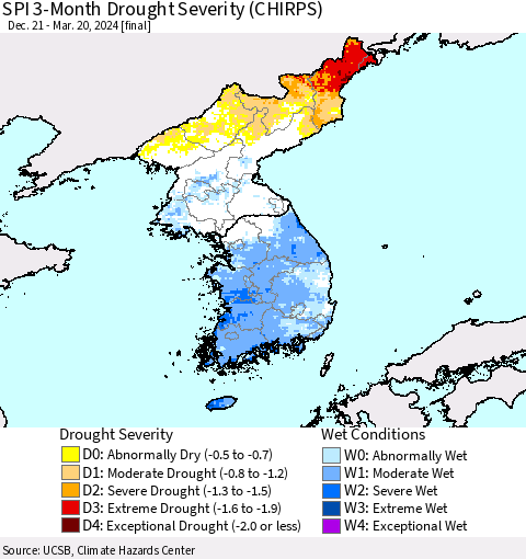Korea SPI 3-Month Drought Severity (CHIRPS) Thematic Map For 12/21/2023 - 3/20/2024
