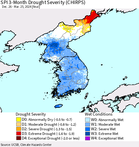 Korea SPI 3-Month Drought Severity (CHIRPS) Thematic Map For 12/26/2023 - 3/25/2024