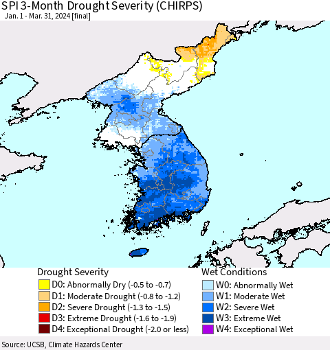 Korea SPI 3-Month Drought Severity (CHIRPS) Thematic Map For 1/1/2024 - 3/31/2024