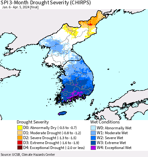 Korea SPI 3-Month Drought Severity (CHIRPS) Thematic Map For 1/6/2024 - 4/5/2024