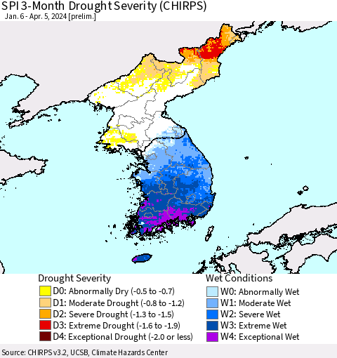 Korea SPI 3-Month Drought Severity (CHIRPS) Thematic Map For 1/6/2024 - 4/5/2024