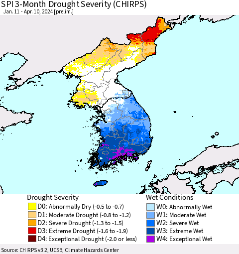 Korea SPI 3-Month Drought Severity (CHIRPS) Thematic Map For 1/11/2024 - 4/10/2024