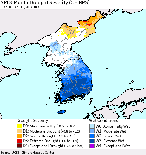 Korea SPI 3-Month Drought Severity (CHIRPS) Thematic Map For 1/16/2024 - 4/15/2024