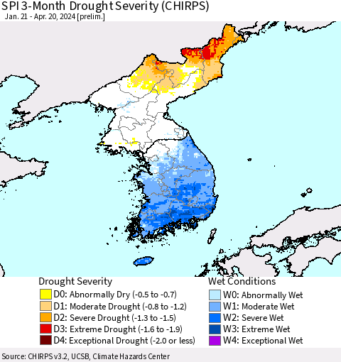 Korea SPI 3-Month Drought Severity (CHIRPS) Thematic Map For 1/21/2024 - 4/20/2024