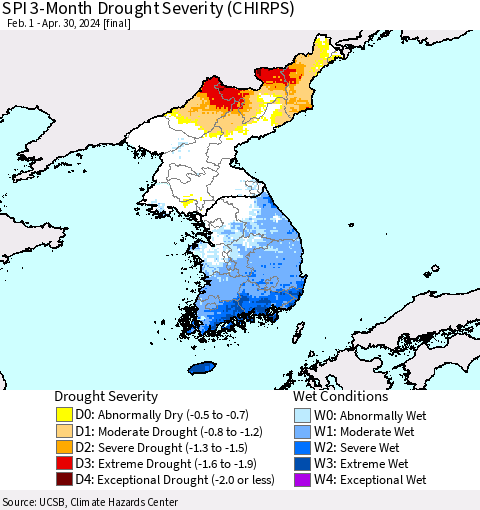 Korea SPI 3-Month Drought Severity (CHIRPS) Thematic Map For 2/1/2024 - 4/30/2024