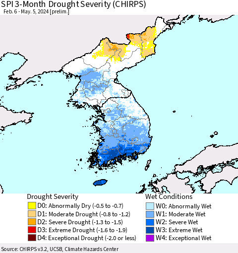 Korea SPI 3-Month Drought Severity (CHIRPS) Thematic Map For 2/6/2024 - 5/5/2024