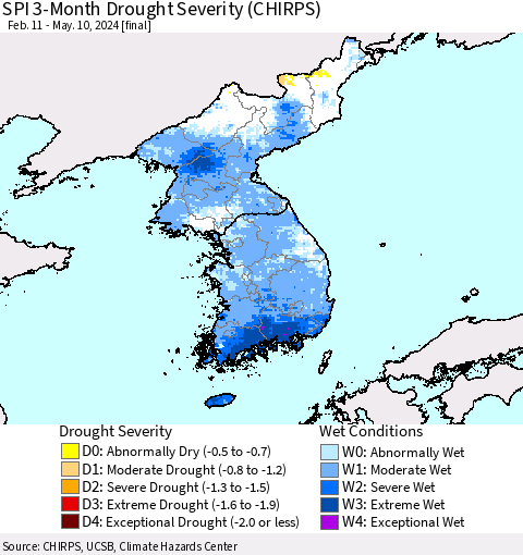 Korea SPI 3-Month Drought Severity (CHIRPS) Thematic Map For 2/11/2024 - 5/10/2024
