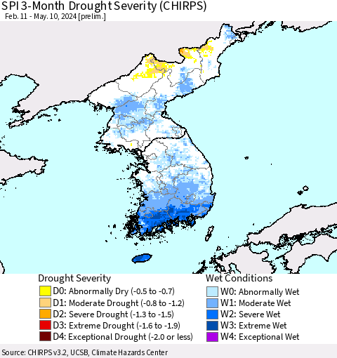 Korea SPI 3-Month Drought Severity (CHIRPS) Thematic Map For 2/11/2024 - 5/10/2024