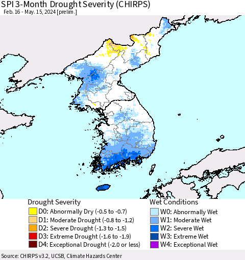 Korea SPI 3-Month Drought Severity (CHIRPS) Thematic Map For 2/16/2024 - 5/15/2024