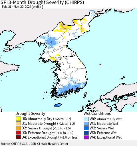 Korea SPI 3-Month Drought Severity (CHIRPS) Thematic Map For 2/21/2024 - 5/20/2024