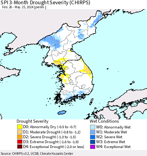Korea SPI 3-Month Drought Severity (CHIRPS) Thematic Map For 2/26/2024 - 5/25/2024