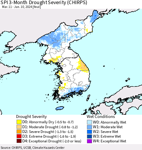 Korea SPI 3-Month Drought Severity (CHIRPS) Thematic Map For 3/11/2024 - 6/10/2024