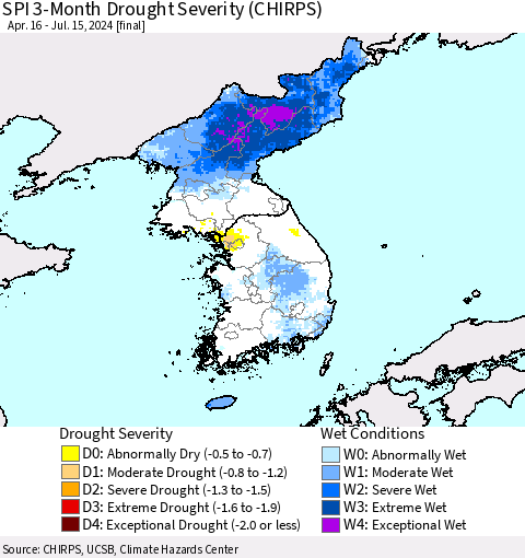 Korea SPI 3-Month Drought Severity (CHIRPS) Thematic Map For 4/16/2024 - 7/15/2024