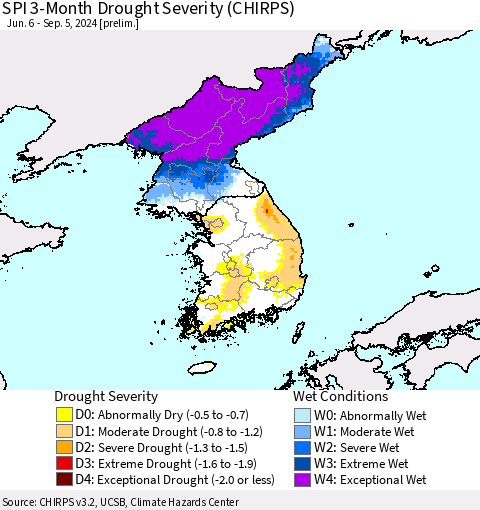 Korea SPI 3-Month Drought Severity (CHIRPS) Thematic Map For 6/6/2024 - 9/5/2024