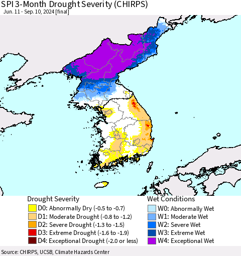 Korea SPI 3-Month Drought Severity (CHIRPS) Thematic Map For 6/11/2024 - 9/10/2024