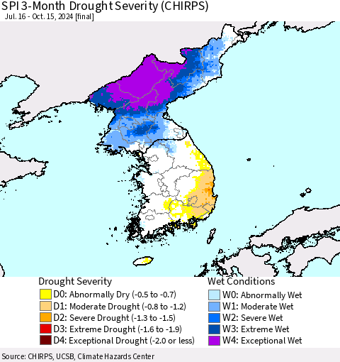Korea SPI 3-Month Drought Severity (CHIRPS) Thematic Map For 7/16/2024 - 10/15/2024