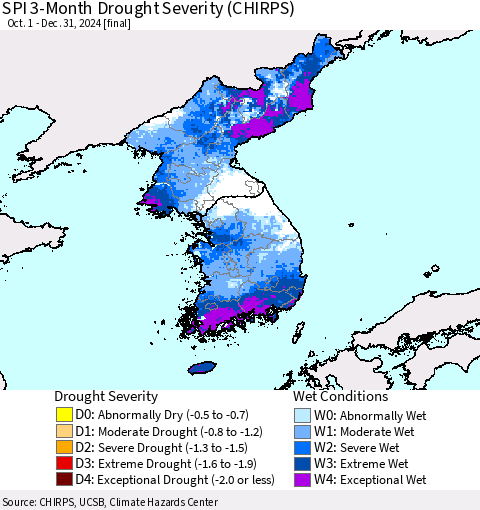 Korea SPI 3-Month Drought Severity (CHIRPS) Thematic Map For 10/1/2024 - 12/31/2024