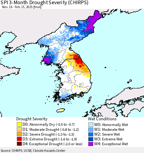 Korea SPI 3-Month Drought Severity (CHIRPS) Thematic Map For 11/16/2024 - 2/15/2025