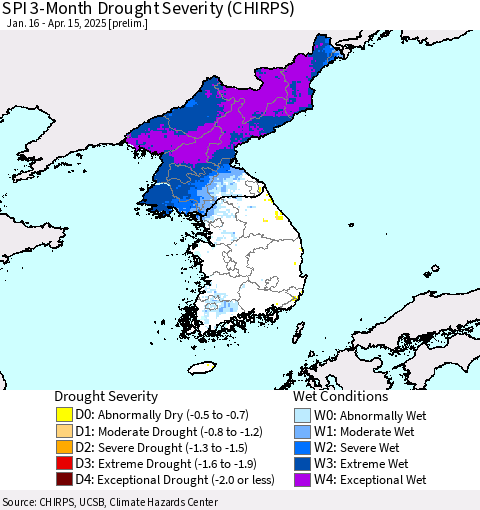 Korea SPI 3-Month Drought Severity (CHIRPS) Thematic Map For 1/16/2025 - 4/15/2025
