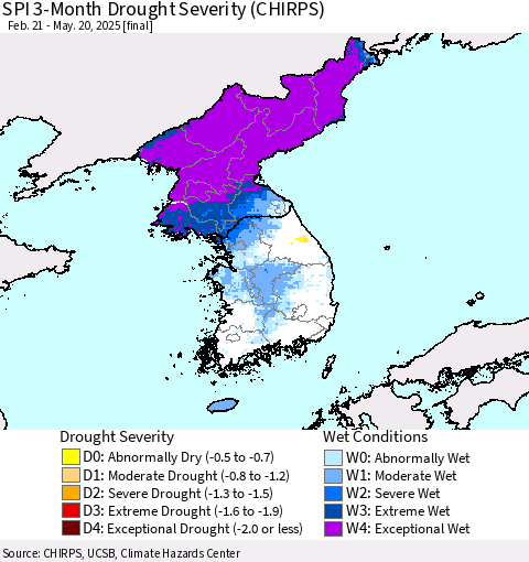 Korea SPI 3-Month Drought Severity (CHIRPS) Thematic Map For 2/21/2025 - 5/20/2025
