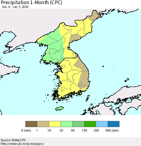Korea Precipitation 1-Month (CPC) Thematic Map For 12/6/2019 - 1/5/2020