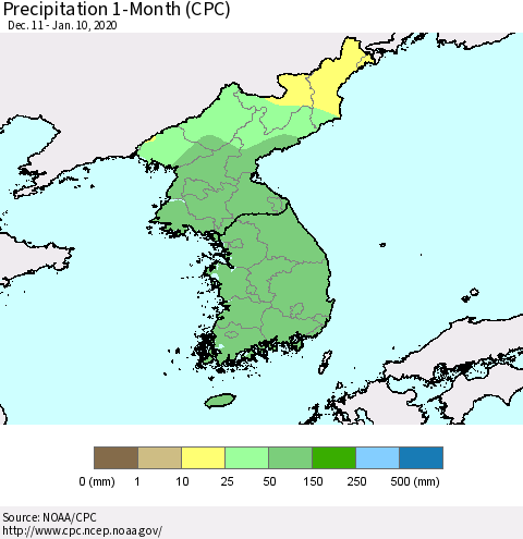 Korea Precipitation 1-Month (CPC) Thematic Map For 12/11/2019 - 1/10/2020