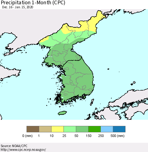 Korea Precipitation 1-Month (CPC) Thematic Map For 12/16/2019 - 1/15/2020