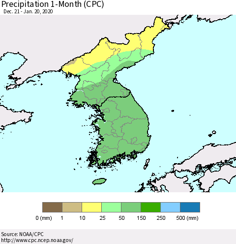 Korea Precipitation 1-Month (CPC) Thematic Map For 12/21/2019 - 1/20/2020