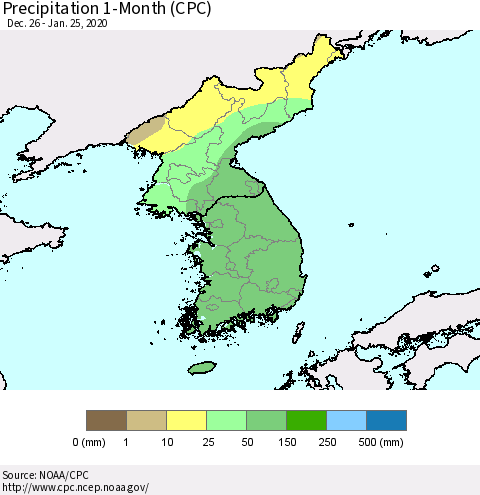Korea Precipitation 1-Month (CPC) Thematic Map For 12/26/2019 - 1/25/2020