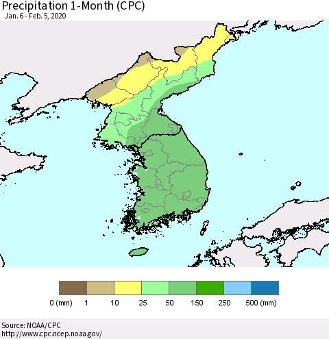 Korea Precipitation 1-Month (CPC) Thematic Map For 1/6/2020 - 2/5/2020