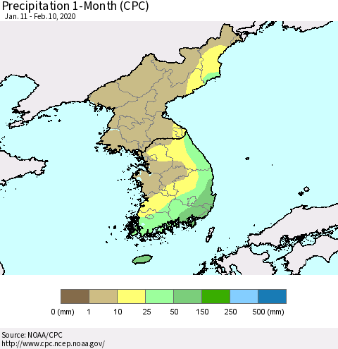 Korea Precipitation 1-Month (CPC) Thematic Map For 1/11/2020 - 2/10/2020