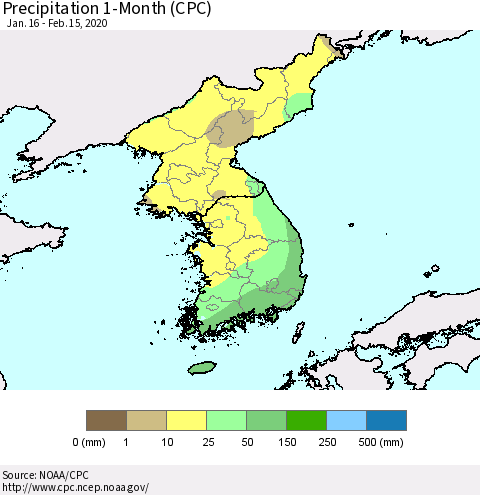 Korea Precipitation 1-Month (CPC) Thematic Map For 1/16/2020 - 2/15/2020