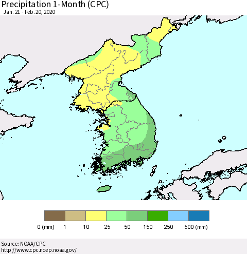 Korea Precipitation 1-Month (CPC) Thematic Map For 1/21/2020 - 2/20/2020