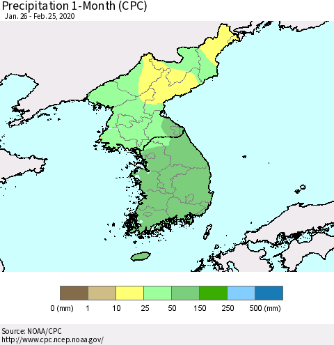 Korea Precipitation 1-Month (CPC) Thematic Map For 1/26/2020 - 2/25/2020