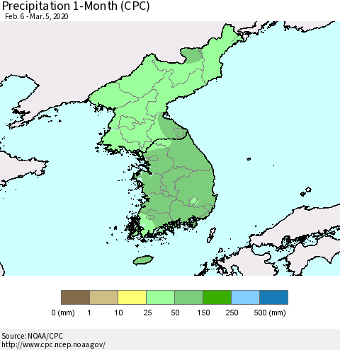 Korea Precipitation 1-Month (CPC) Thematic Map For 2/6/2020 - 3/5/2020