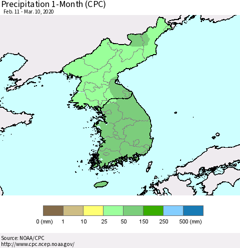 Korea Precipitation 1-Month (CPC) Thematic Map For 2/11/2020 - 3/10/2020