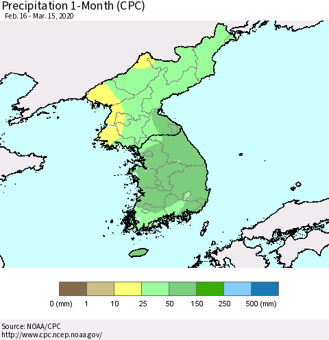Korea Precipitation 1-Month (CPC) Thematic Map For 2/16/2020 - 3/15/2020