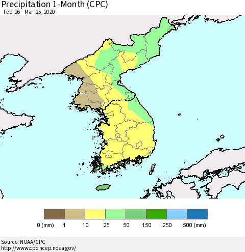 Korea Precipitation 1-Month (CPC) Thematic Map For 2/26/2020 - 3/25/2020