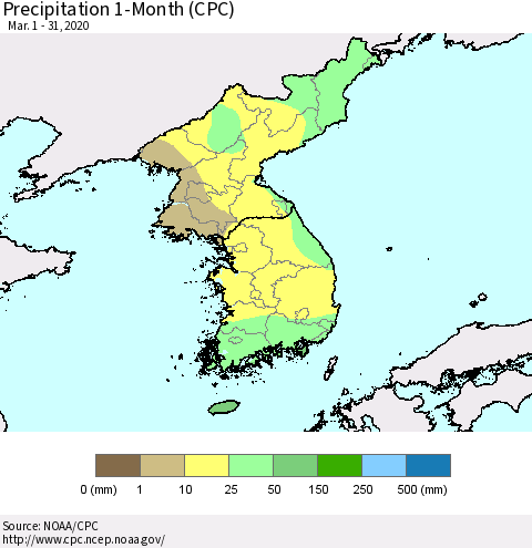 Korea Precipitation 1-Month (CPC) Thematic Map For 3/1/2020 - 3/31/2020