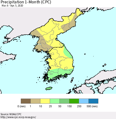 Korea Precipitation 1-Month (CPC) Thematic Map For 3/6/2020 - 4/5/2020