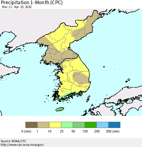 Korea Precipitation 1-Month (CPC) Thematic Map For 3/11/2020 - 4/10/2020