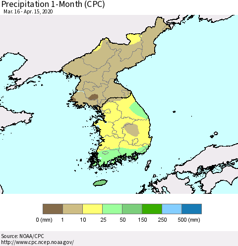 Korea Precipitation 1-Month (CPC) Thematic Map For 3/16/2020 - 4/15/2020