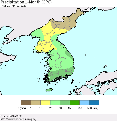 Korea Precipitation 1-Month (CPC) Thematic Map For 3/21/2020 - 4/20/2020