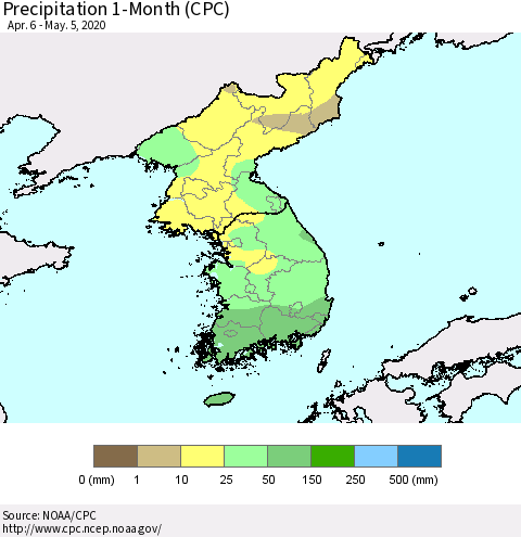 Korea Precipitation 1-Month (CPC) Thematic Map For 4/6/2020 - 5/5/2020