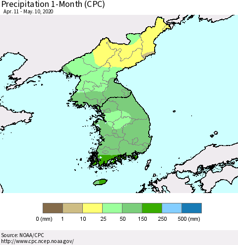 Korea Precipitation 1-Month (CPC) Thematic Map For 4/11/2020 - 5/10/2020